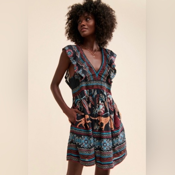 Anthropologie V-Neck Plunge Tunic Mini Boho Evening Summer Vacation Dress L - Picture 7 of 15